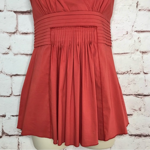 BCBGMAXAzria XS Coral Pleated Faux Wrap V-Neck Empire Waist Peplum Cotton Top XS - Picture 6 of 16